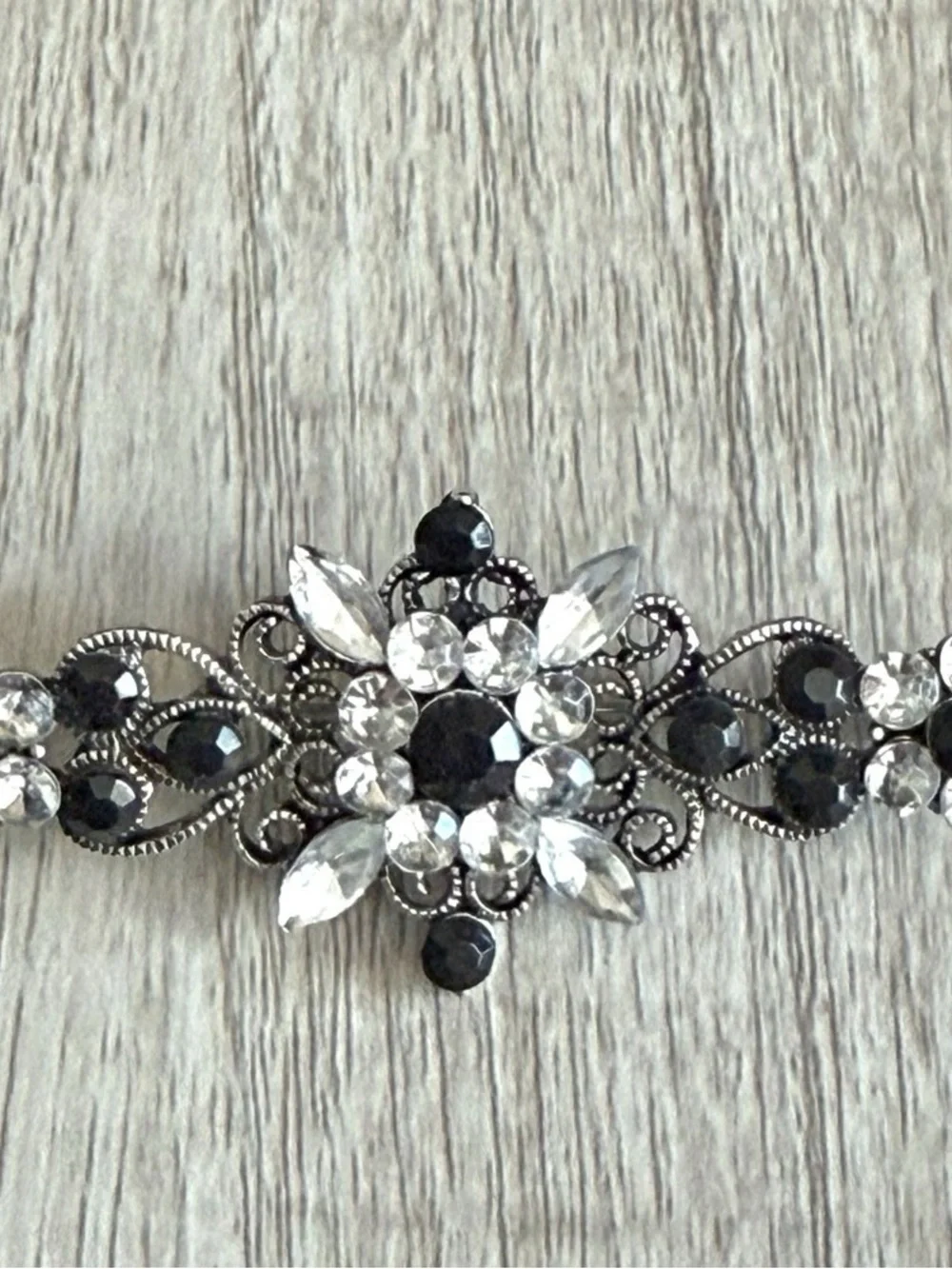 Vintage 1980s Black and Clear Rhinestone Brooch Pin Art Deco Avant Garde
